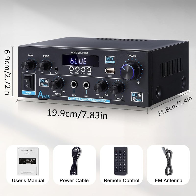 WOOPKER AK55 Stereo Amplifier Home Audio, Bluetooth 5.0 Max 450W Power Stereo Receivers 2.0 Channel Audio Amplifier for Speaker W/Remote Control/AUX/RCA/Echo/USB/2 MIC in for Home Party, Karaoke - Image 5